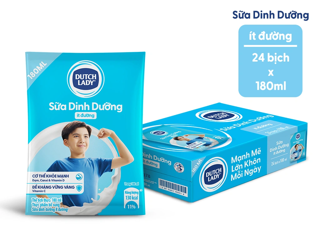 Thùng 24 bịch sữa dinh dưỡng ít đường Dutch Lady 180ml